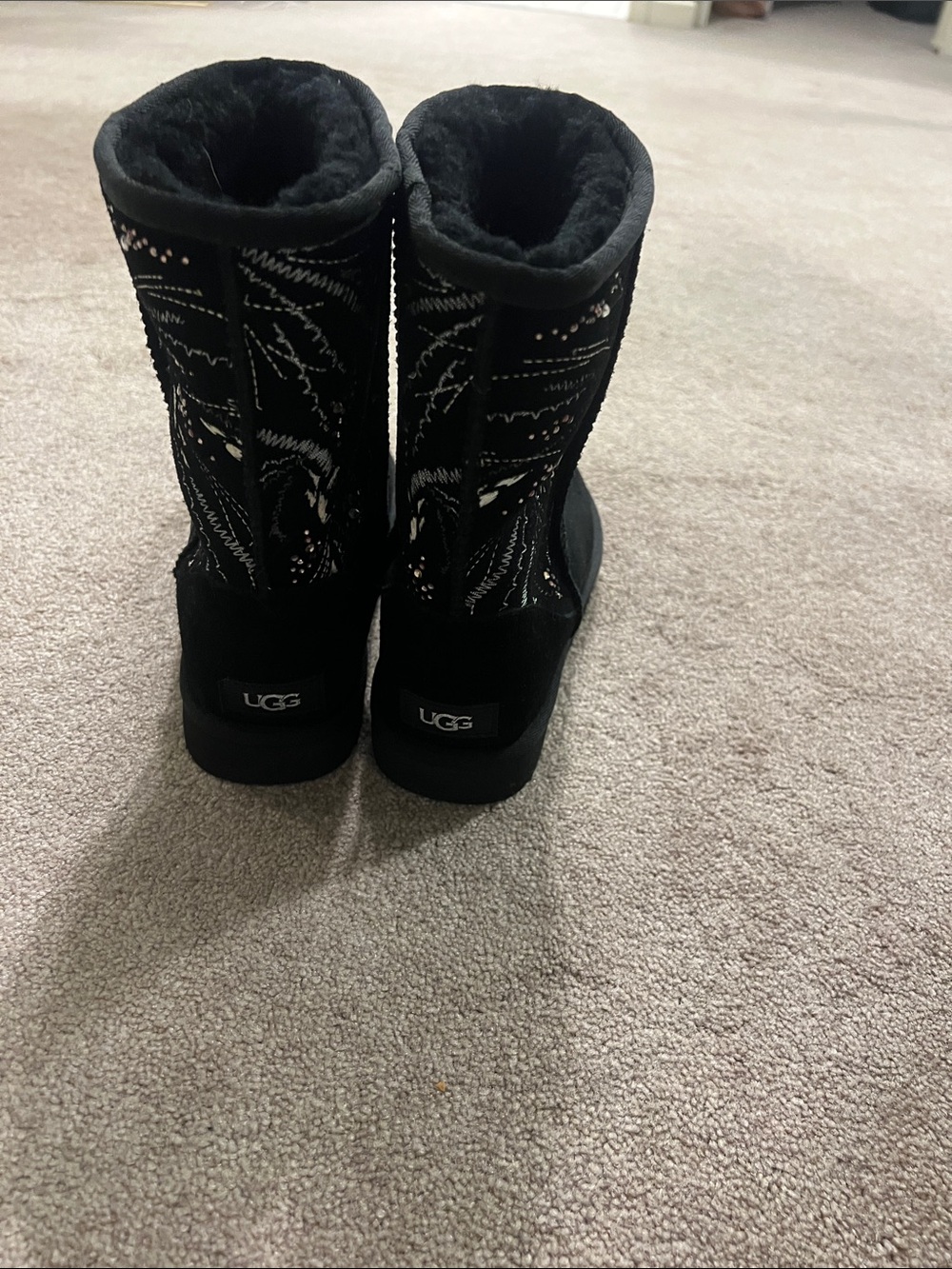 UGG Black Embroidered Mid-Calf Shearling Boots
